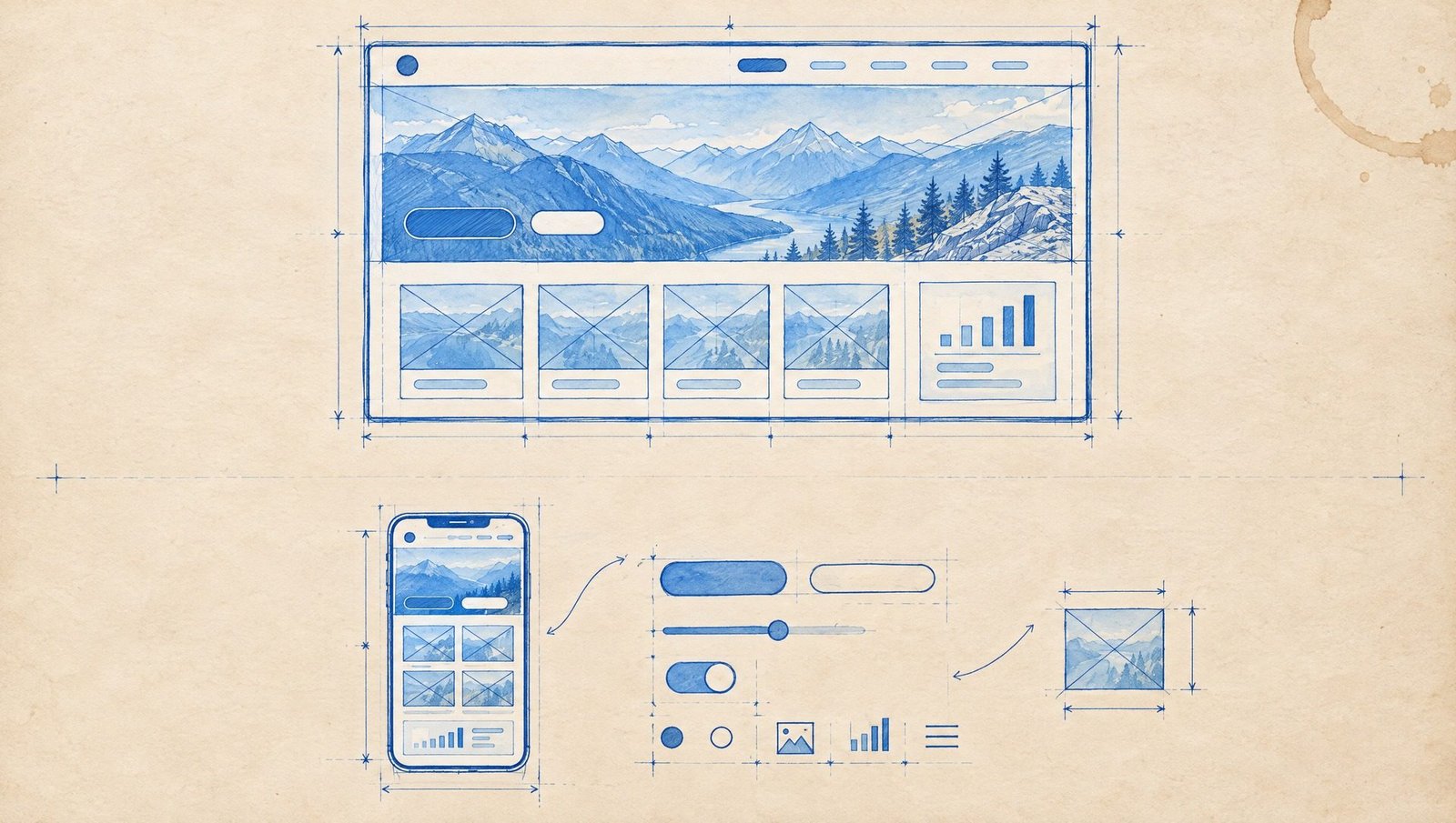 Wireframe à l'encre bleue d'un site, sur ordinateur et sur téléphone