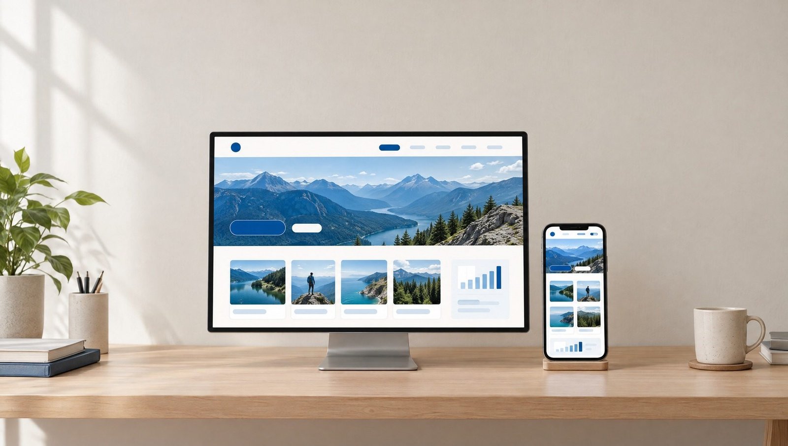 Le site terminé, sur un écran et un téléphone, dans un studio lumineux